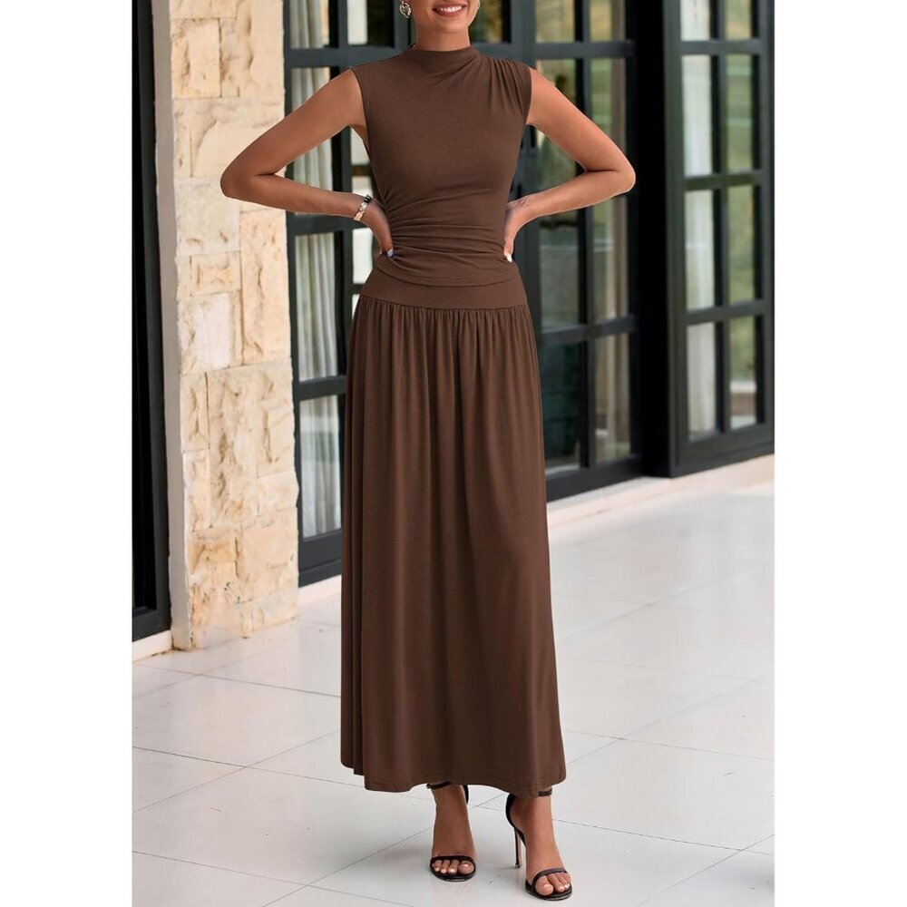 Women Skirt Sets Summer 2 Piece Ruffle Maxi Ruching Sleeveless Dressy Outfits - Picture 8 of 8